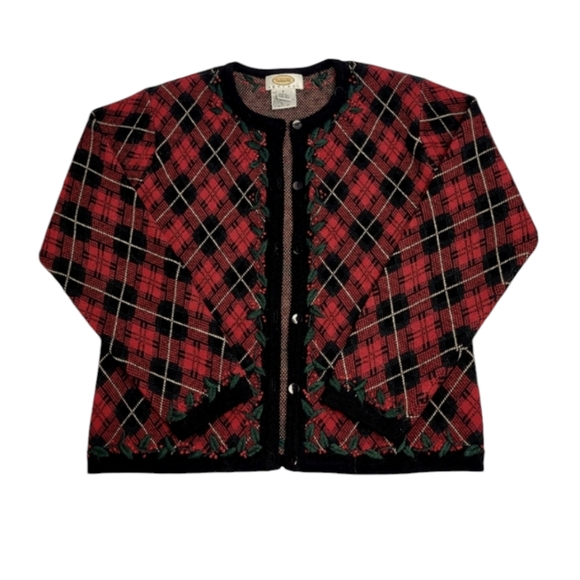Vintage Talbots Christmas Plaid Cardigan Sweater with Holly Trim Size P - Picture 3 of 8